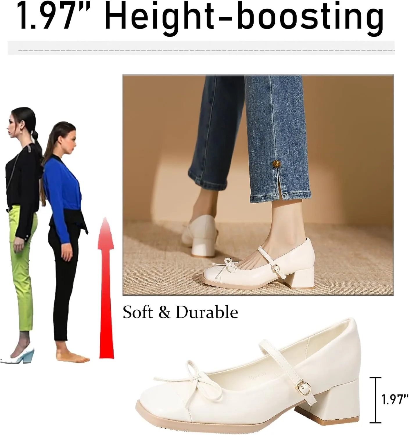 Women's Bow Square Toe Mary Janes Chunky Heel Pumps with Adjust Buckle Strap Fashion Splice Leather Comfortable Closed Toe Mid Heels Dress Shoes for Party Dating Prom Evening