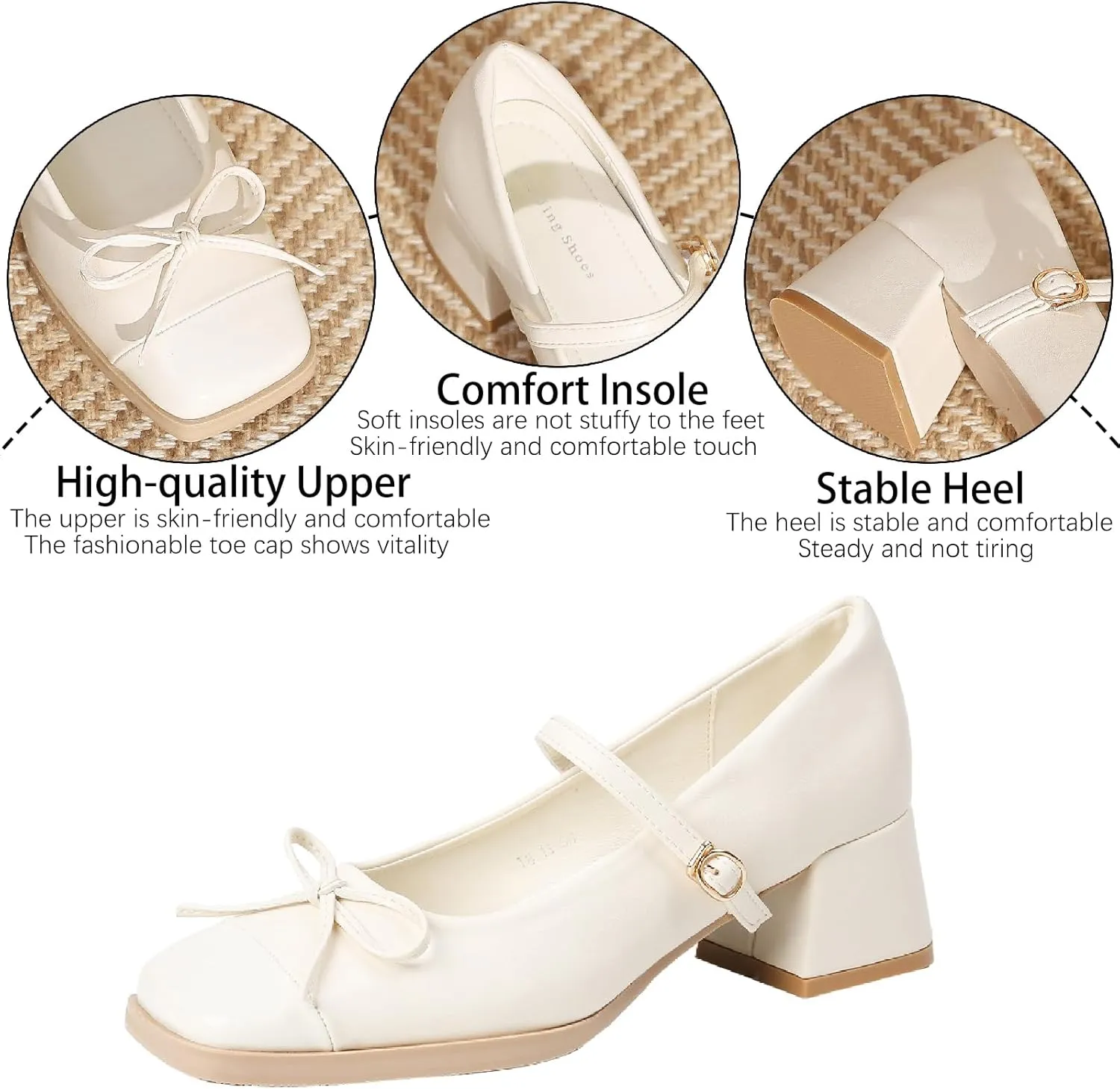 Women's Bow Square Toe Mary Janes Chunky Heel Pumps with Adjust Buckle Strap Fashion Splice Leather Comfortable Closed Toe Mid Heels Dress Shoes for Party Dating Prom Evening