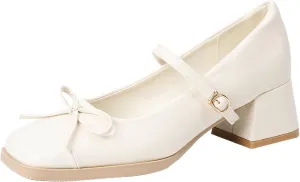 Women's Bow Square Toe Mary Janes Chunky Heel Pumps with Adjust Buckle Strap Fashion Splice Leather Comfortable Closed Toe Mid Heels Dress Shoes for Party Dating Prom Evening