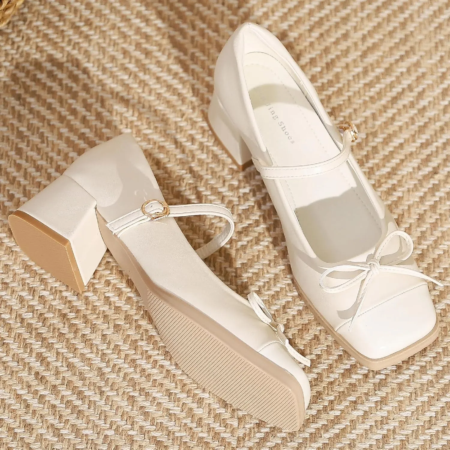 Women's Bow Square Toe Mary Janes Chunky Heel Pumps with Adjust Buckle Strap Fashion Splice Leather Comfortable Closed Toe Mid Heels Dress Shoes for Party Dating Prom Evening