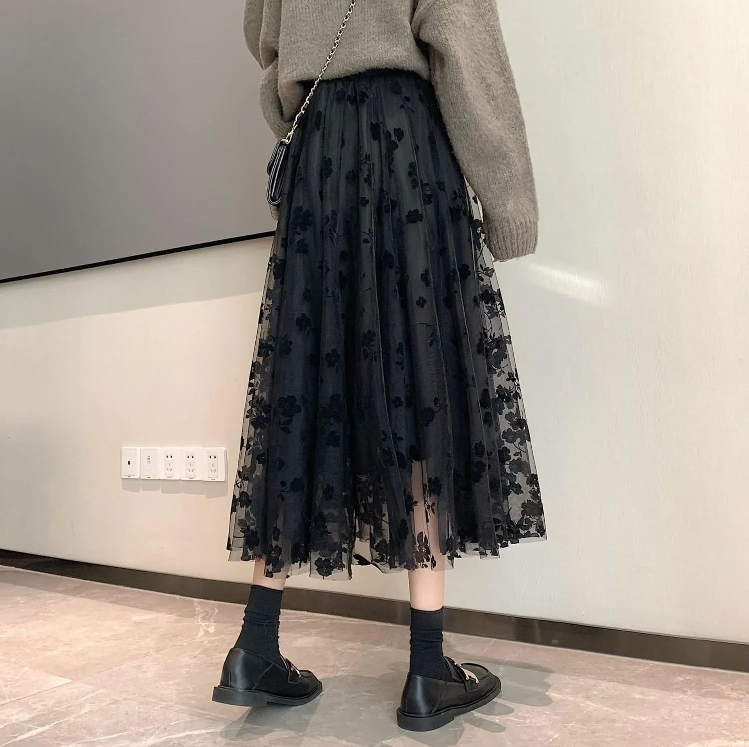 Women's Floral Print Mesh A-Line Midi Skirt 3D Posy Tulle Layered Skirt