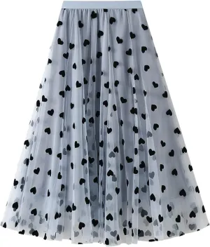 Women's Floral Print Mesh A-Line Midi Skirt 3D Posy Tulle Layered Skirt