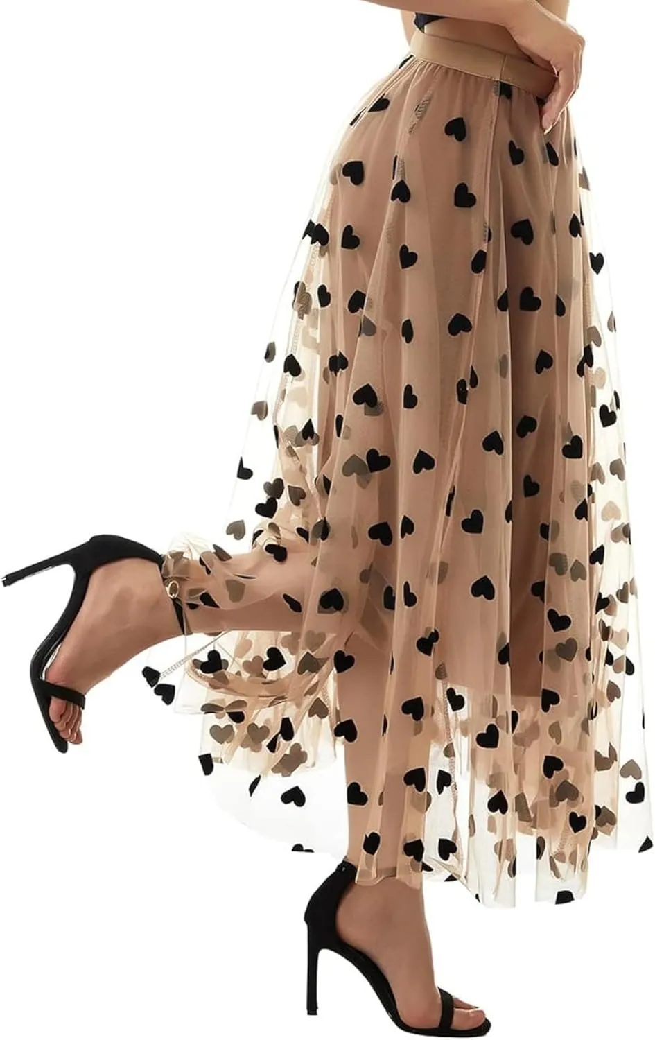 Women's Floral Print Mesh A-Line Midi Skirt 3D Posy Tulle Layered Skirt