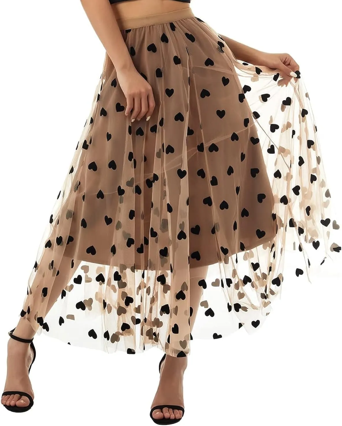 Women's Floral Print Mesh A-Line Midi Skirt 3D Posy Tulle Layered Skirt