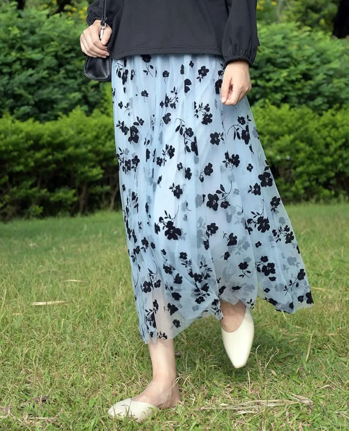Women's Floral Print Mesh A-Line Midi Skirt 3D Posy Tulle Layered Skirt
