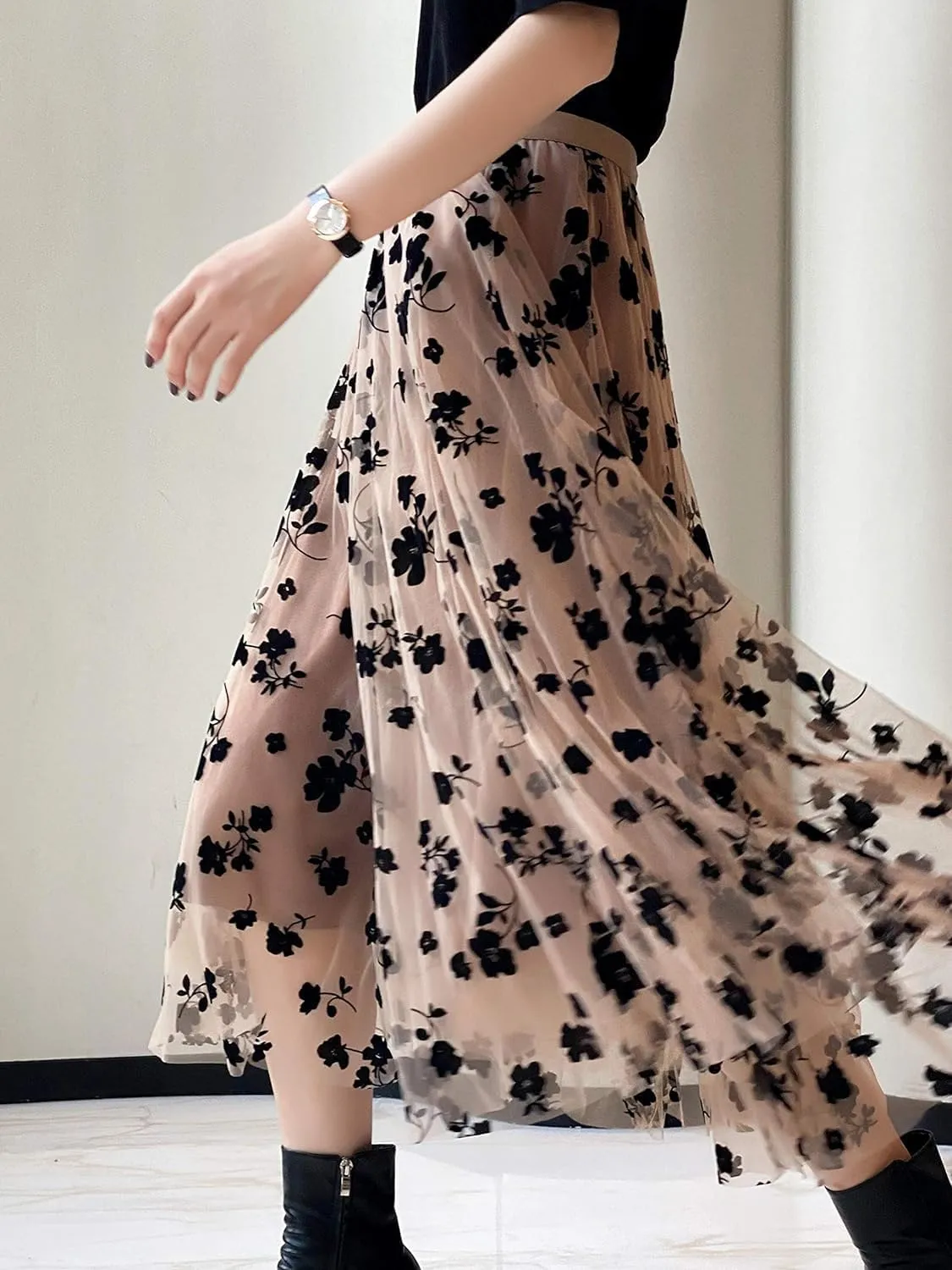 Women's Floral Print Mesh A-Line Midi Skirt 3D Posy Tulle Layered Skirt