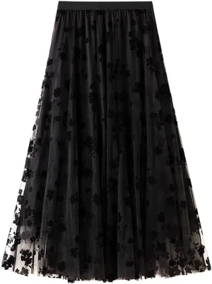 Women's Floral Print Mesh A-Line Midi Skirt 3D Posy Tulle Layered Skirt