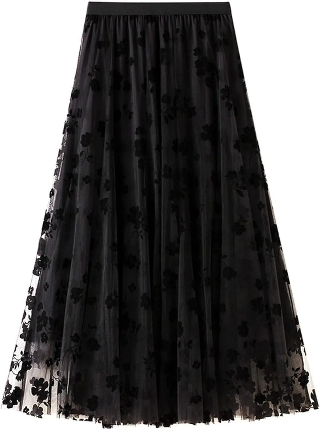 Women's Floral Print Mesh A-Line Midi Skirt 3D Posy Tulle Layered Skirt