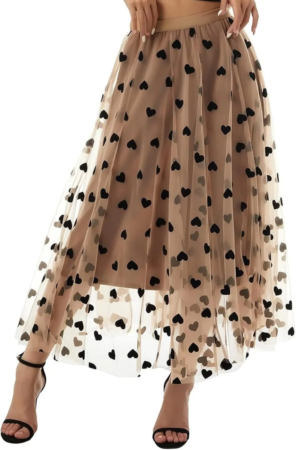 Women's Floral Print Mesh A-Line Midi Skirt 3D Posy Tulle Layered Skirt