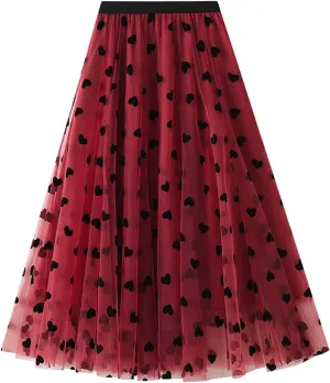 Women's Floral Print Mesh A-Line Midi Skirt 3D Posy Tulle Layered Skirt