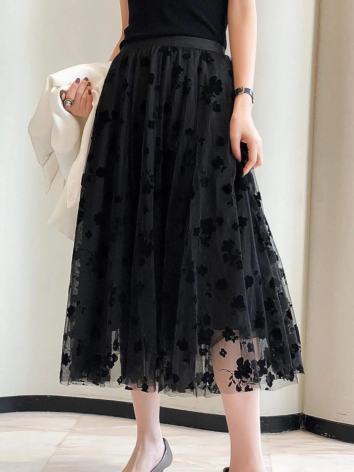Women's Floral Print Mesh A-Line Midi Skirt 3D Posy Tulle Layered Skirt