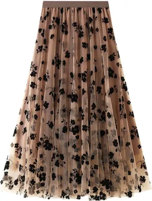 Women's Floral Print Mesh A-Line Midi Skirt 3D Posy Tulle Layered Skirt