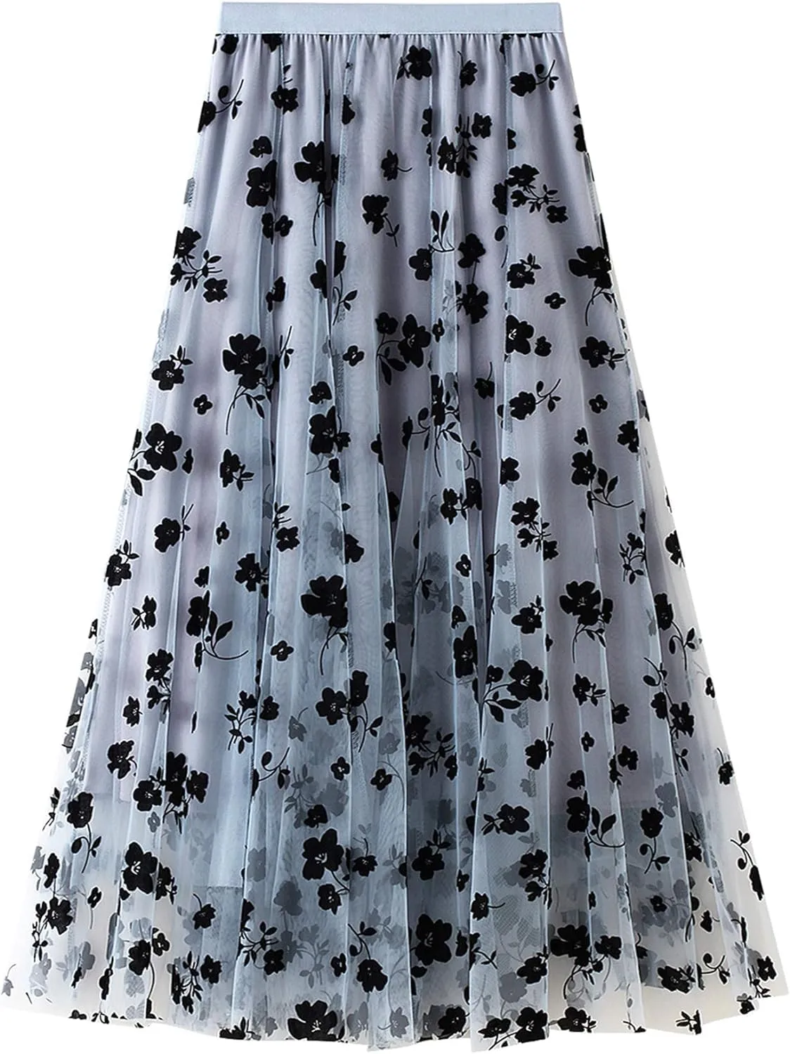 Women's Floral Print Mesh A-Line Midi Skirt 3D Posy Tulle Layered Skirt