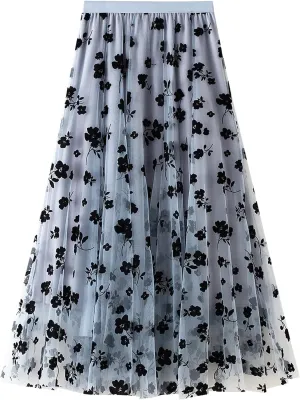 Women's Floral Print Mesh A-Line Midi Skirt 3D Posy Tulle Layered Skirt