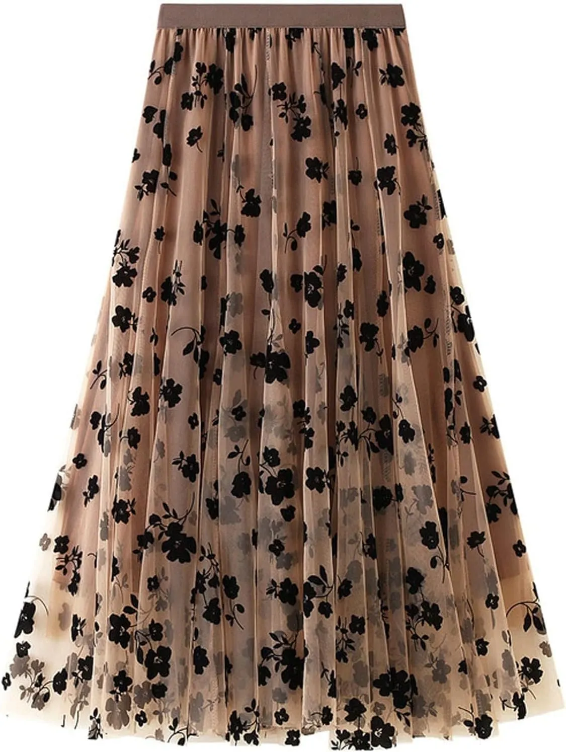 Women's Floral Print Mesh A-Line Midi Skirt 3D Posy Tulle Layered Skirt