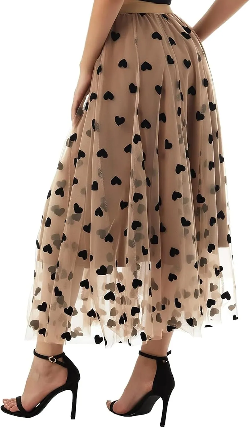 Women's Floral Print Mesh A-Line Midi Skirt 3D Posy Tulle Layered Skirt