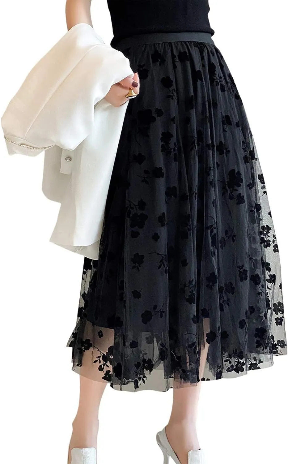 Women's Floral Print Mesh A-Line Midi Skirt 3D Posy Tulle Layered Skirt