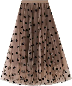 Women's Floral Print Mesh A-Line Midi Skirt 3D Posy Tulle Layered Skirt