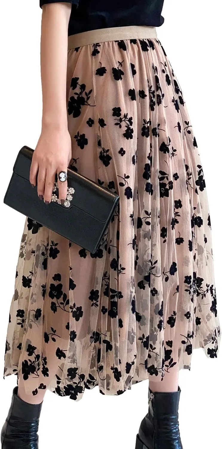 Women's Floral Print Mesh A-Line Midi Skirt 3D Posy Tulle Layered Skirt