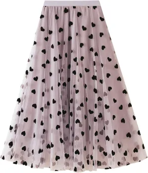 Women's Floral Print Mesh A-Line Midi Skirt 3D Posy Tulle Layered Skirt
