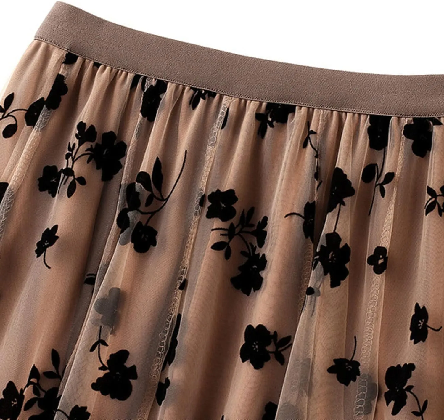 Women's Floral Print Mesh A-Line Midi Skirt 3D Posy Tulle Layered Skirt