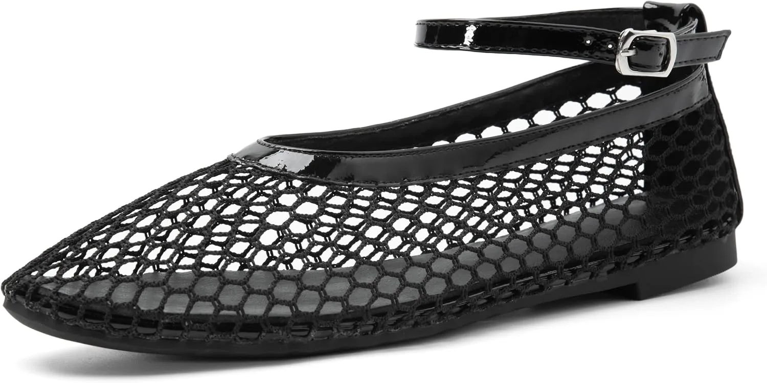 Women's Mesh Ballet Flats Shoes for Women Fishnet Ballet Flats Mary Jane Flats Round Toe Comfortable Dressy Netted Ballet Flats with Buckle Strap Black