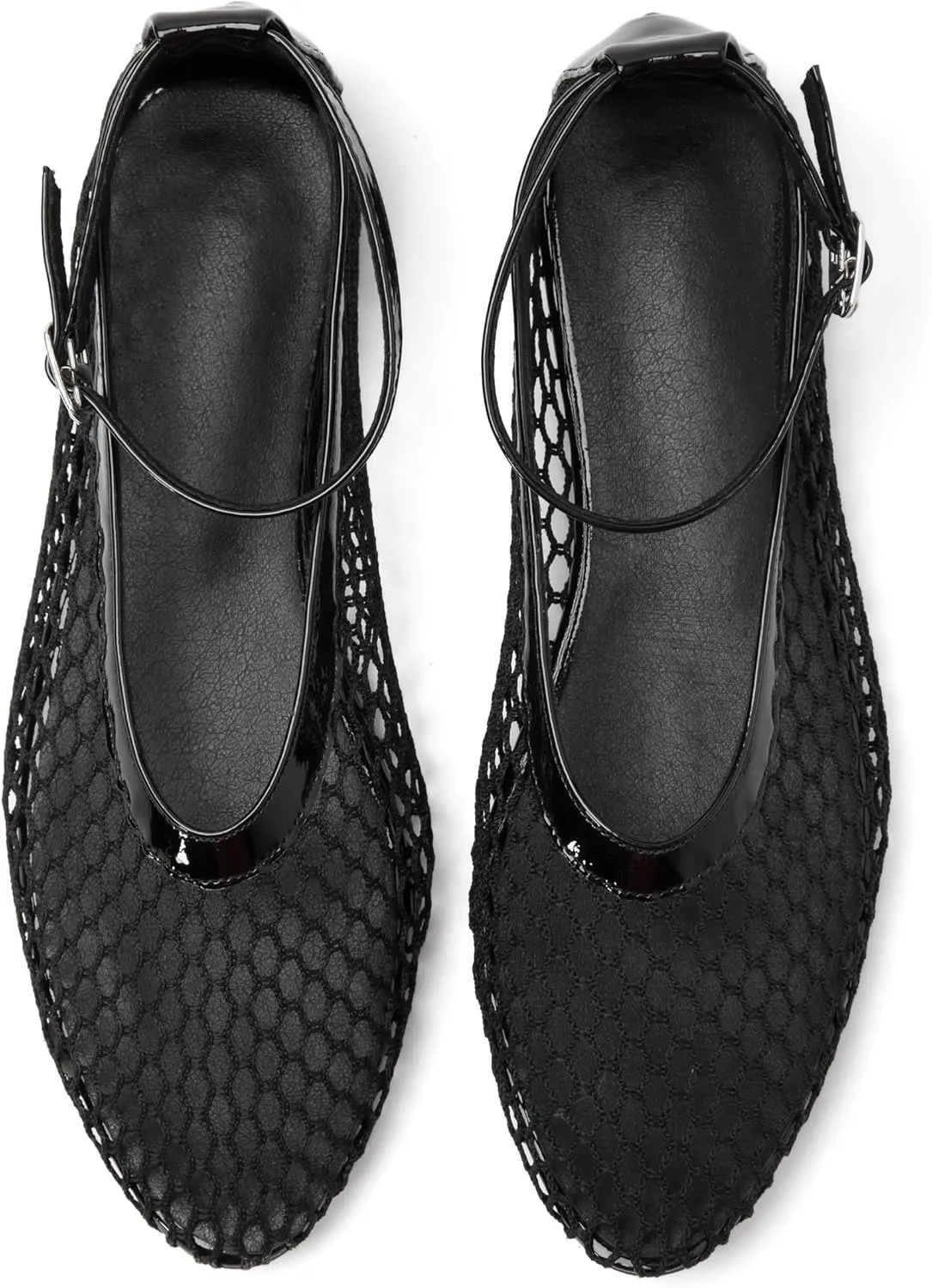 Women's Mesh Ballet Flats Shoes for Women Fishnet Ballet Flats Mary Jane Flats Round Toe Comfortable Dressy Netted Ballet Flats with Buckle Strap Black