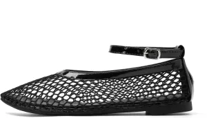 Women's Mesh Ballet Flats Shoes for Women Fishnet Ballet Flats Mary Jane Flats Round Toe Comfortable Dressy Netted Ballet Flats with Buckle Strap Black