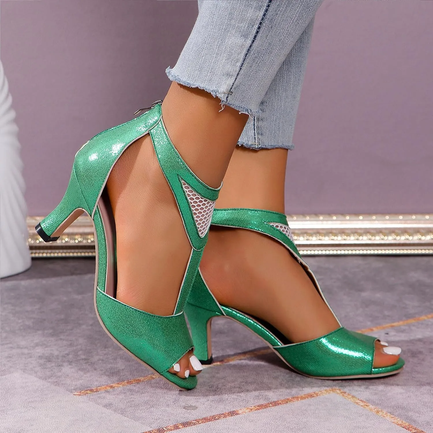 Womens Sandals Fashion Mid Heel Shoes Open Toe Pumps Heel Sandals Breathable Mesh Sandals Vacation Sandals