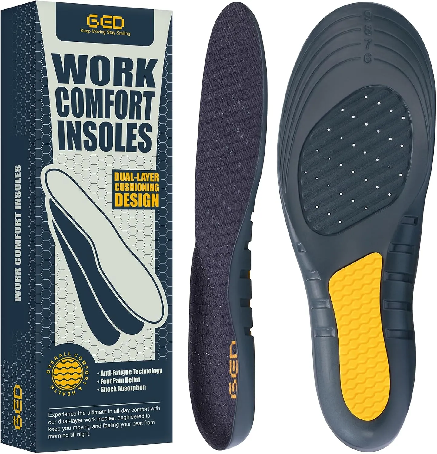 Work Comfort Insoles for Men - GED Inserts, Plantar Fasciitis Relief, Shock Absorption, Anti Fatigue, Arch Support - Orthotic Inserts for Work Boots & Shoes, Standing All Day(US 8-13)