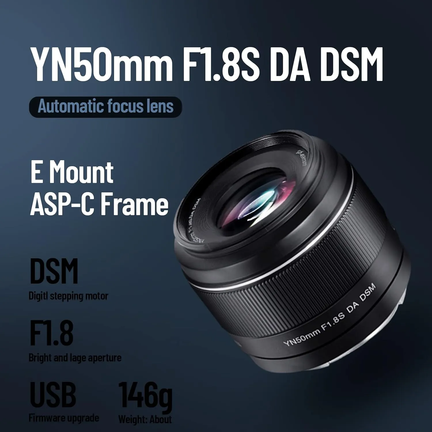 YONGNUO YN50mm F1.8S Lens, 50mm F1.8 Larege Aperture, APS-C Standard Prime E-Mount, Auto Manual Focus AF MF USB for Sony Cameras Black
