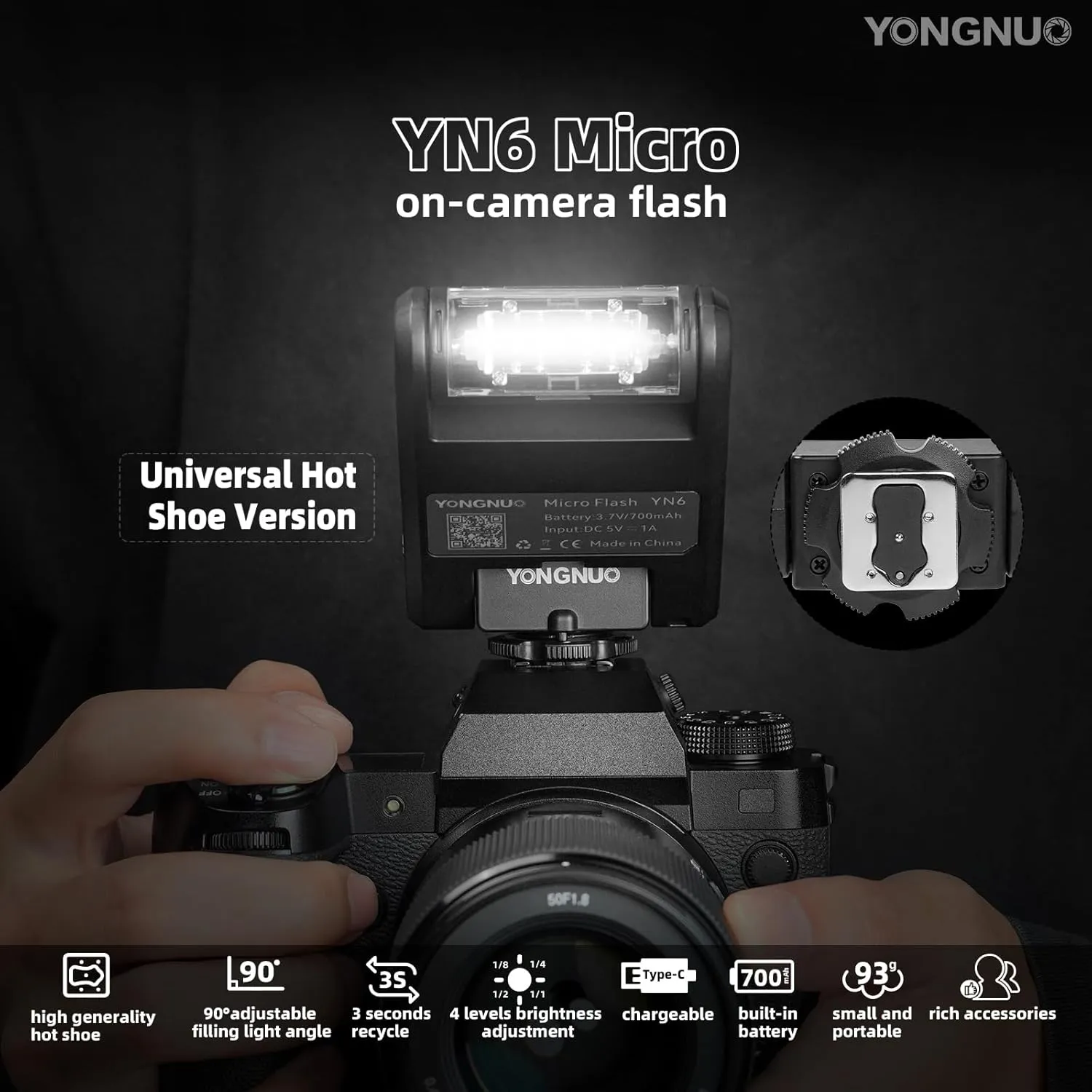 YONGNUO YN6 Manual Mini Standard Hot Shoe Flash, Typc C Charging Interface on Camera Flash Speedlite with Built-in Li Battery for Canon Nikon Pentax Olympus Fuji DSLR Cameras