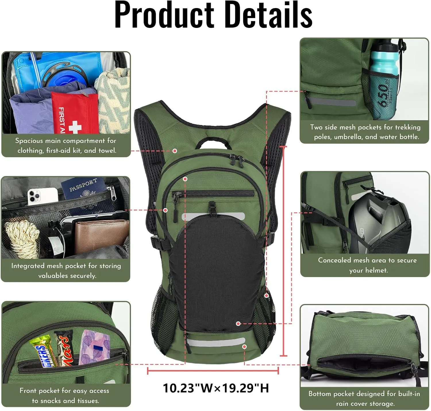 Zavothy 18L Water-Resistant Hydration Backpack Fits for 2L/3L Water Bladder – Hidden Helmet Compartment & Detachable Rain Cover – Insulated Hiking Daypack for Cycling, Camping, Running (Men/Women)