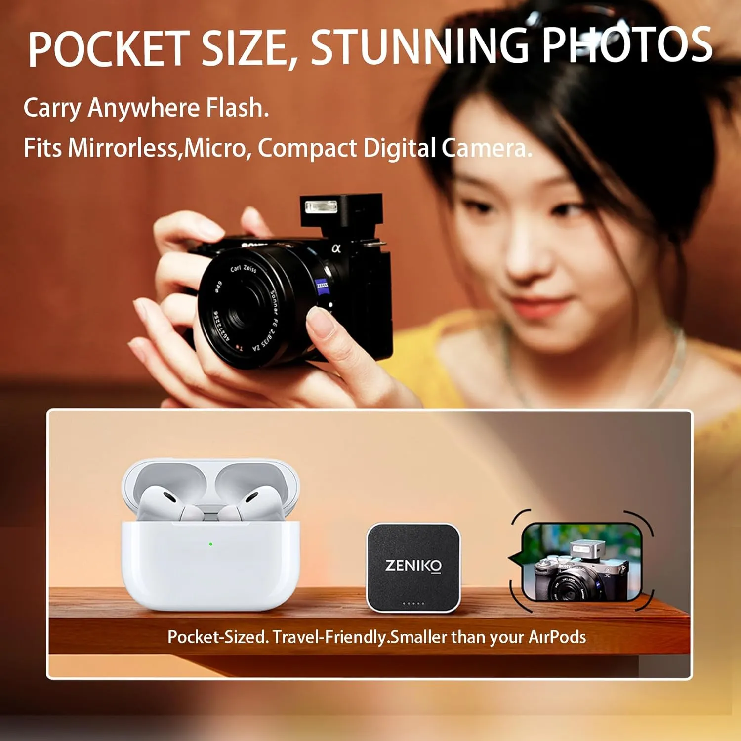 ZF08 Mini Camera Flash Speedlite with Flash Height Booster, Capable of Continuous Flash Shooting,Aluminum,for Fuji/Sony/Nikon/Canon/Olympus/Leica/Any Cameras with Single-Contact Hotshoe