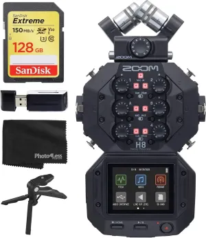 Zoom H8 8-Input / 12-Track Portable Handy Recorder For Podcasting, Music, Field Recording   128GB Memory Card   SD Card Reader   Table Tripod Hand Grip – Top Value Accessory Bundle