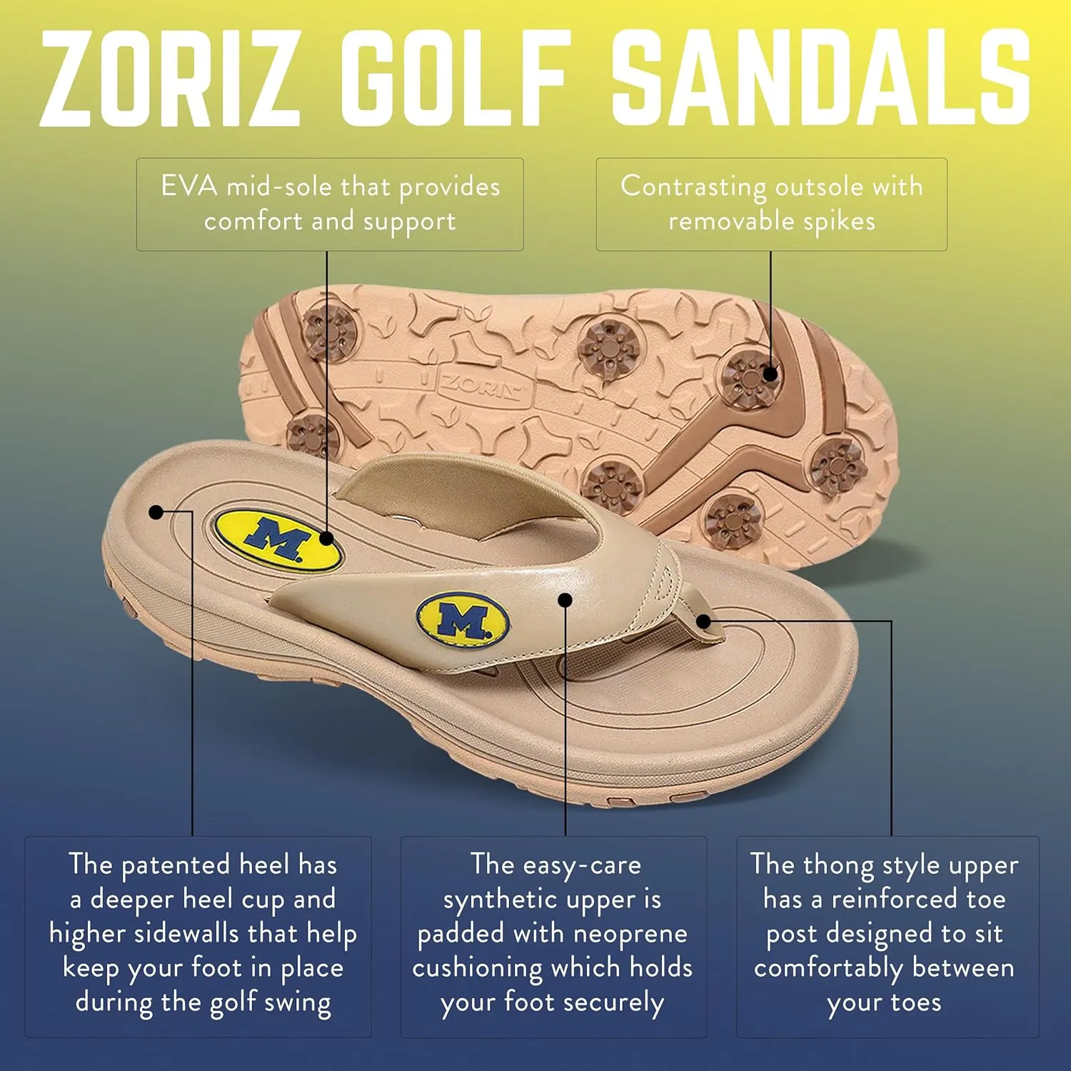 ZORIZ Collegiate Series Golf Sandals for Women and Men, Thong Flip Flops With Removable Spikes, Golf Footwear With Deeper Heel Cup and Higher Sidewalls