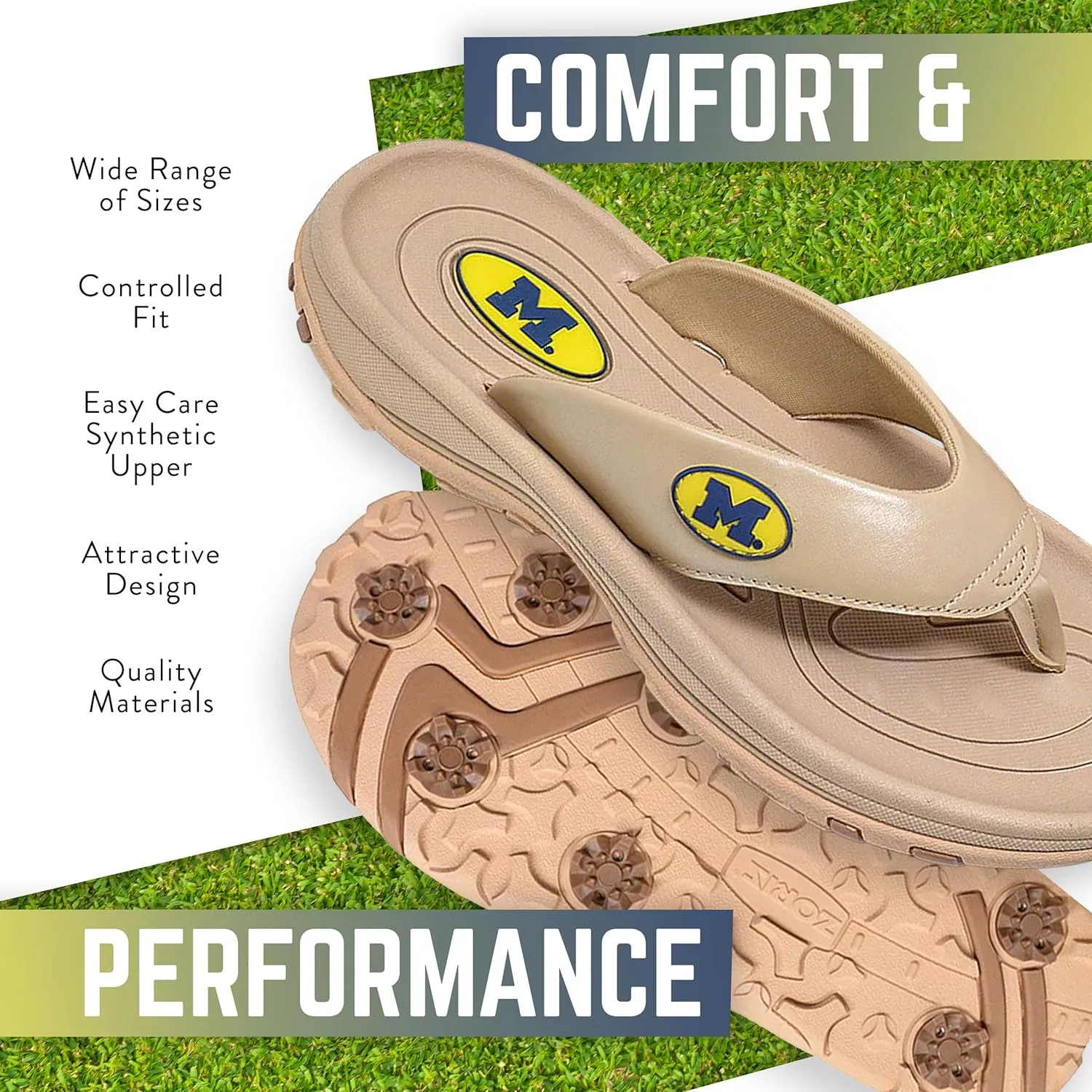 ZORIZ Collegiate Series Golf Sandals for Women and Men, Thong Flip Flops With Removable Spikes, Golf Footwear With Deeper Heel Cup and Higher Sidewalls